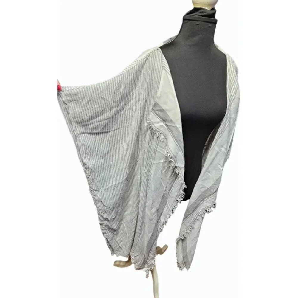 Thin Lightweight Shawl Wrap Wide Sleeves Side Slits Fringe Vertical Stripes OS - Picture 2 of 5